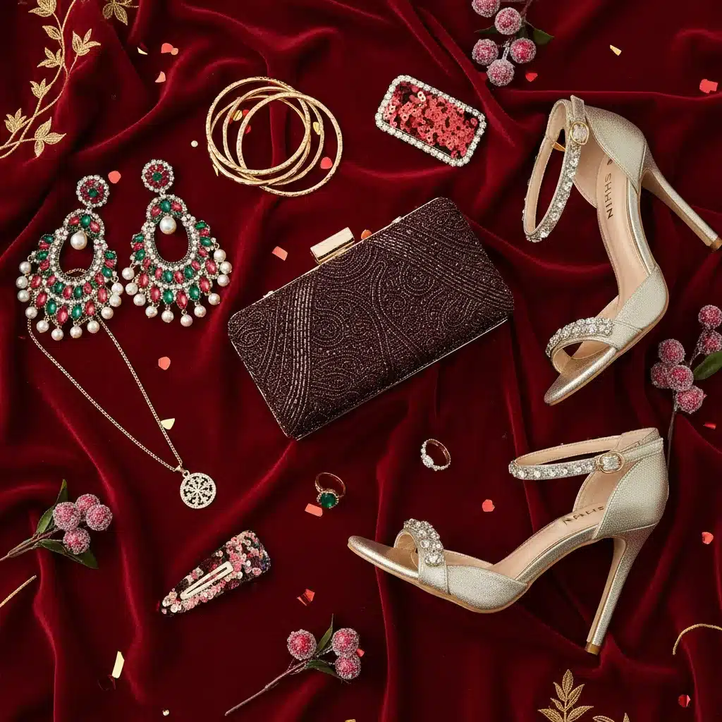 Accesorios elegantes de Shein: pendientes, collar y bolso de mano para complementar un look festivo.