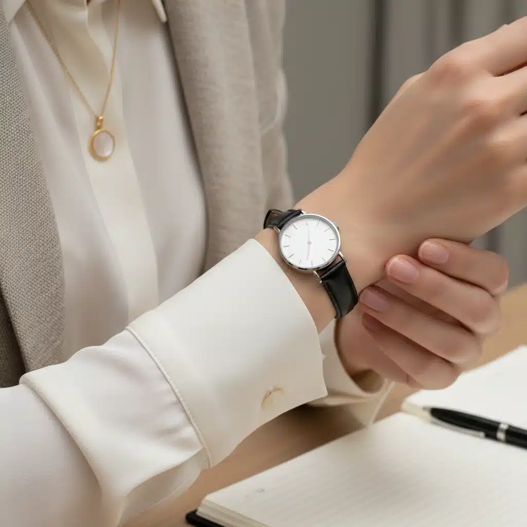 Detalle de un reloj minimalista y una blusa profesional, accesorios clave para una entrevista.