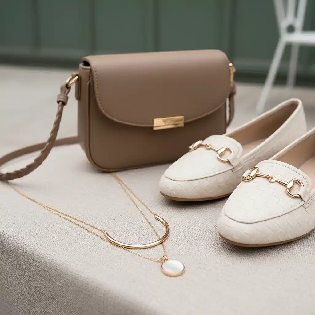 Accesorios elegantes para complementar un look Shein diario: collar dorado, bolso cruzado y mocasines.
