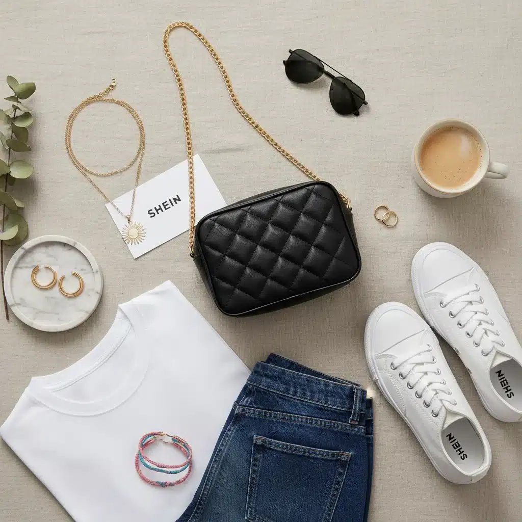 Accesorios SHEIN: bolso, collar y zapatillas para complementar tu fondo de armario.