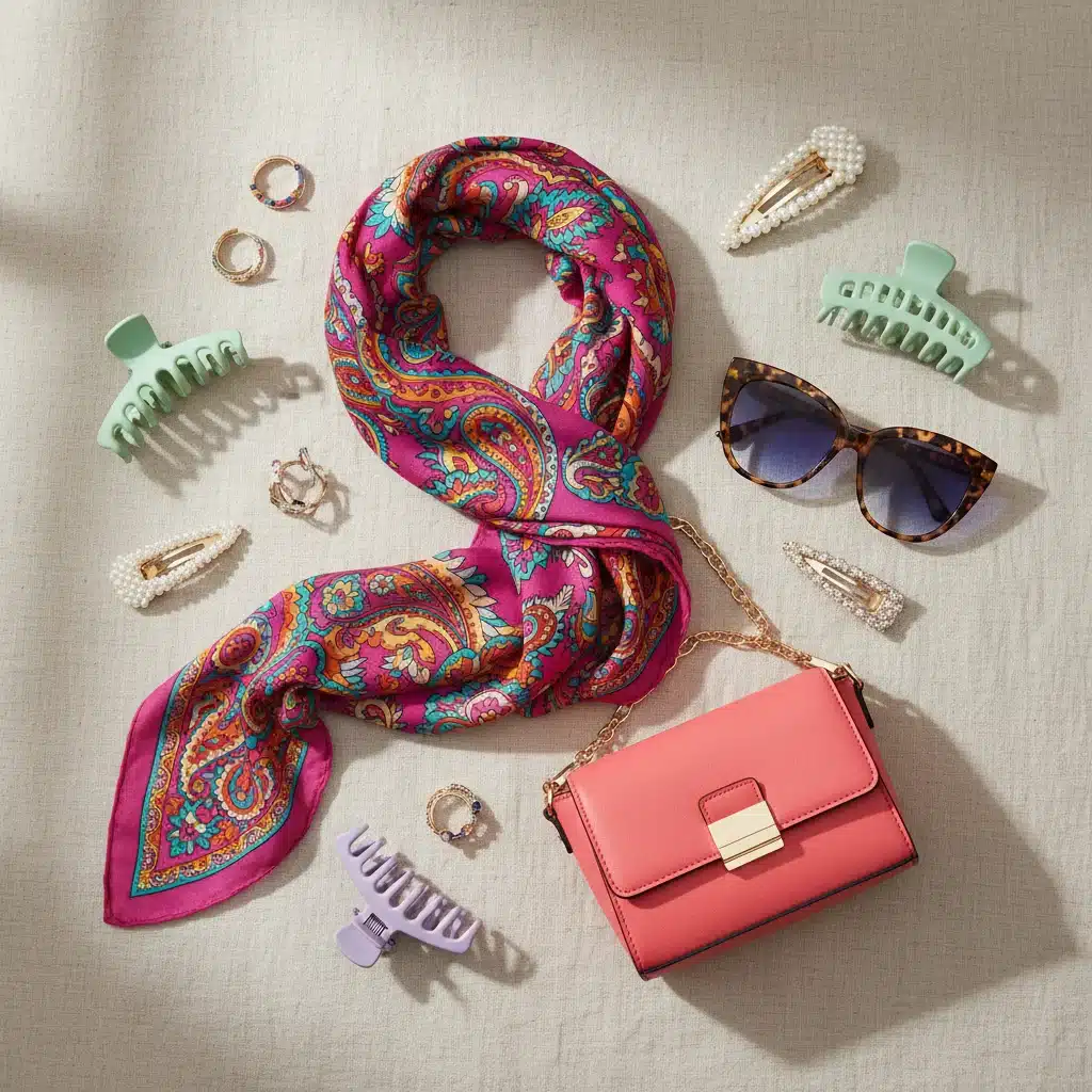 Accesorios Shein: pañuelo, gafas de sol, bolso y clips para el pelo
