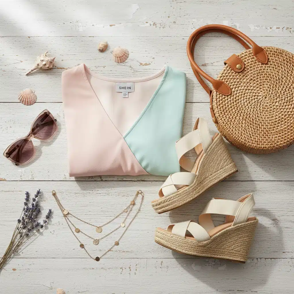 Accesorios de moda Shein para primavera, incluyendo gafas de sol, bolso de paja y sandalias elegantes.