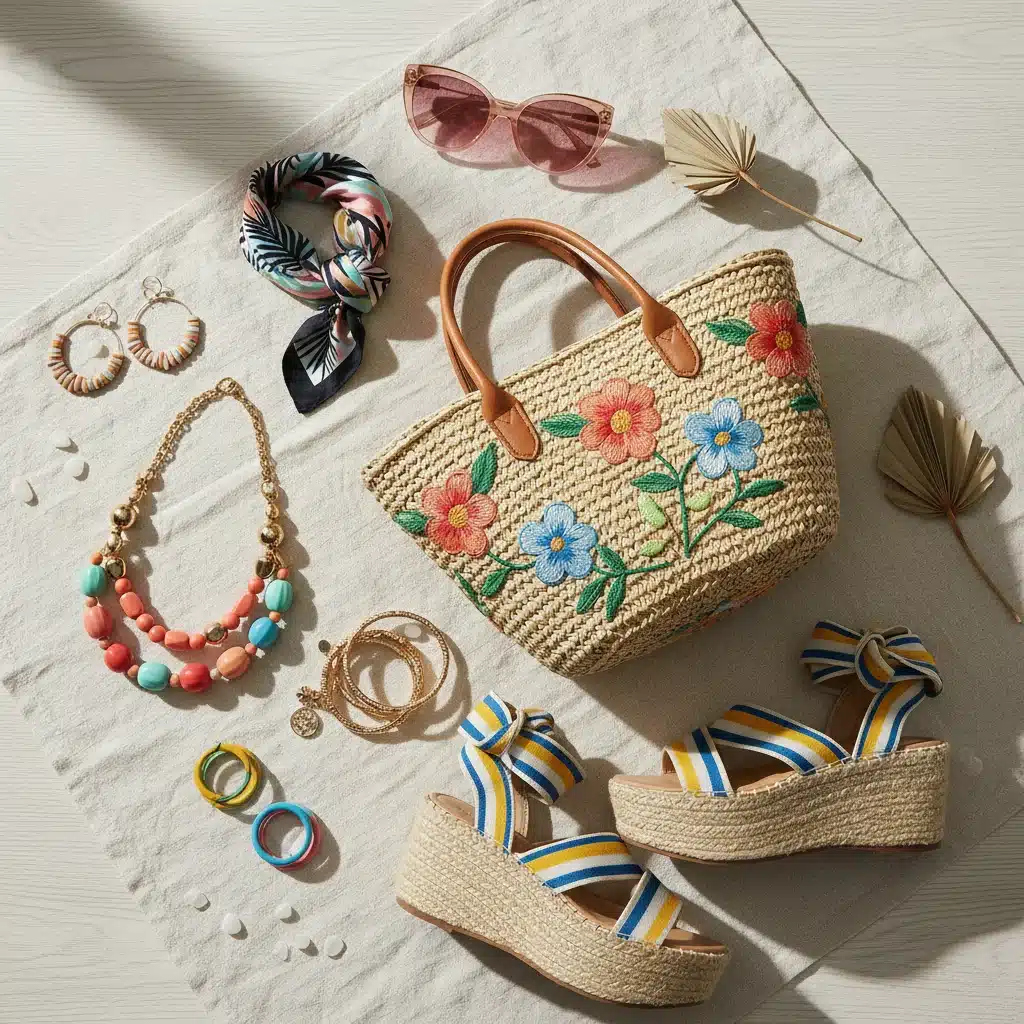 Conjunto de accesorios de moda de SHEIN para primavera-verano 2026, incluyendo gafas de sol, bolso y joyas elegantes.