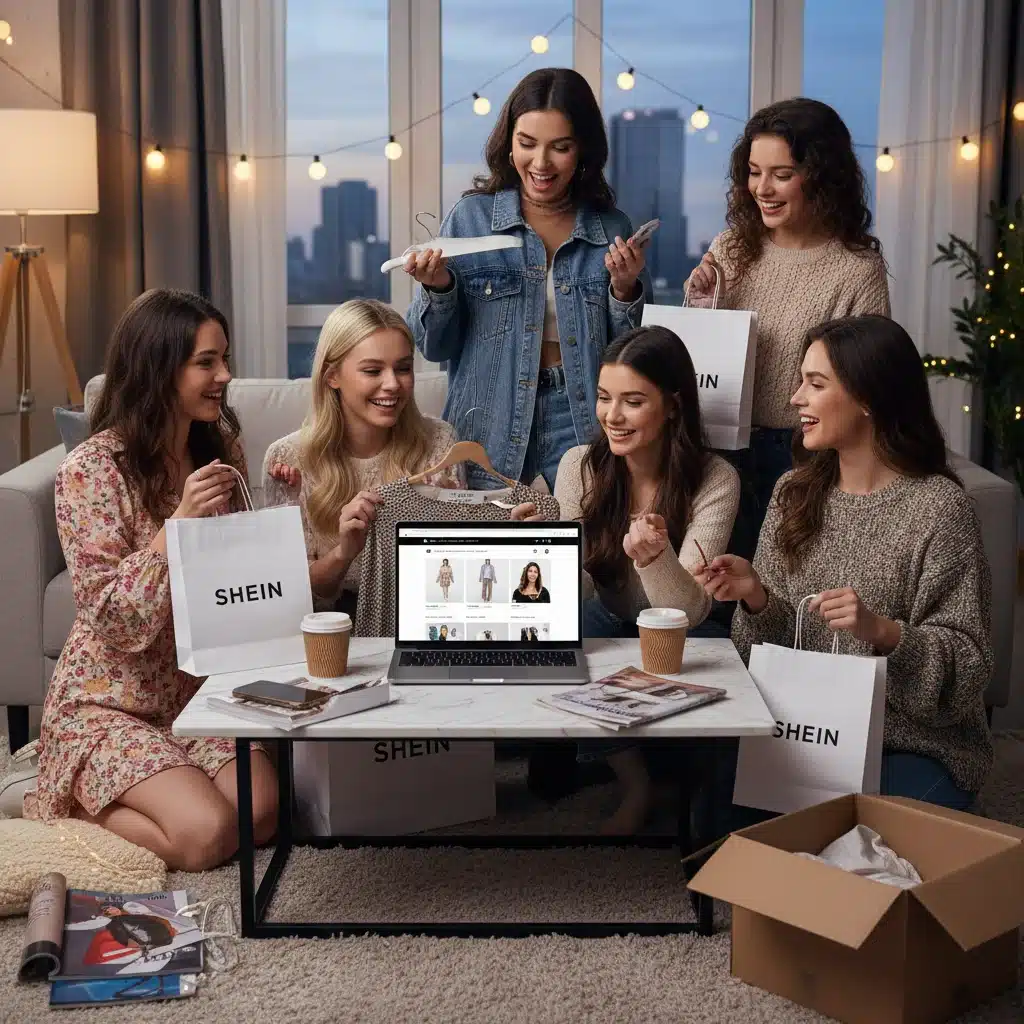 Grupo de amigas compartiendo consejos de compras y moda SHEIN en línea