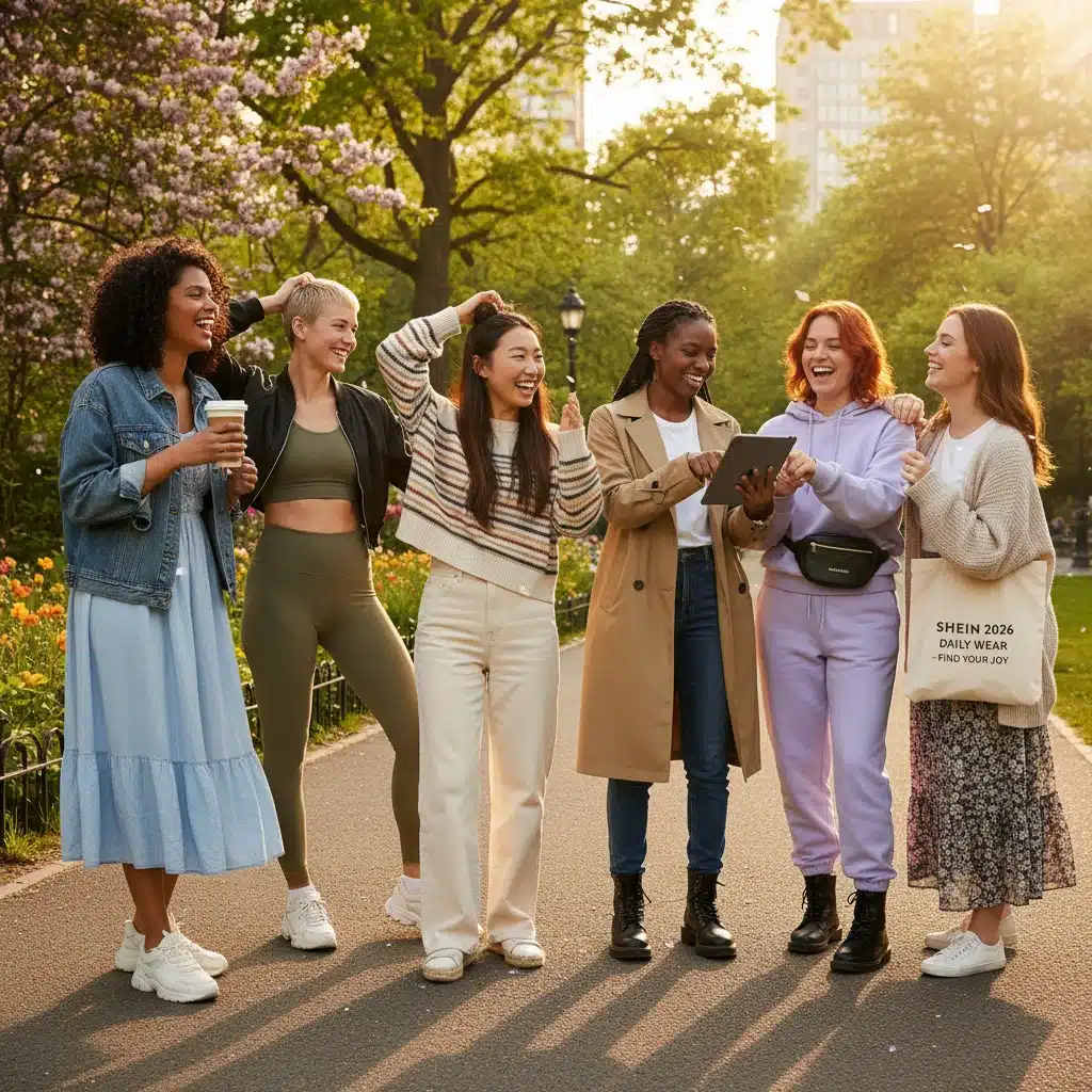 Grupo de amigas con diversos looks Shein 2026 para el día a día, disfrutando en un parque soleado.