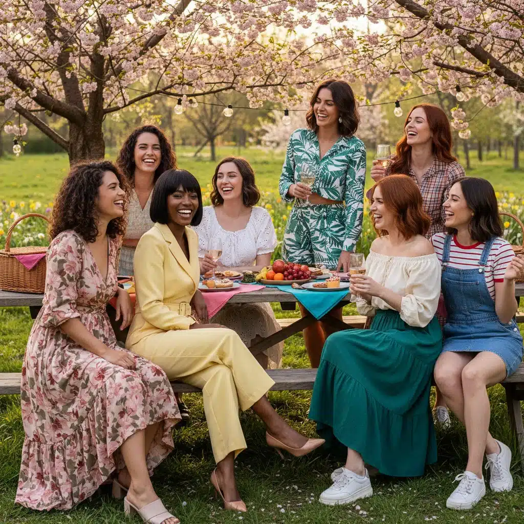 Grupo de amigas con looks variados de Shein para una reunión de primavera al aire libre, mostrando diversidad de estilos.