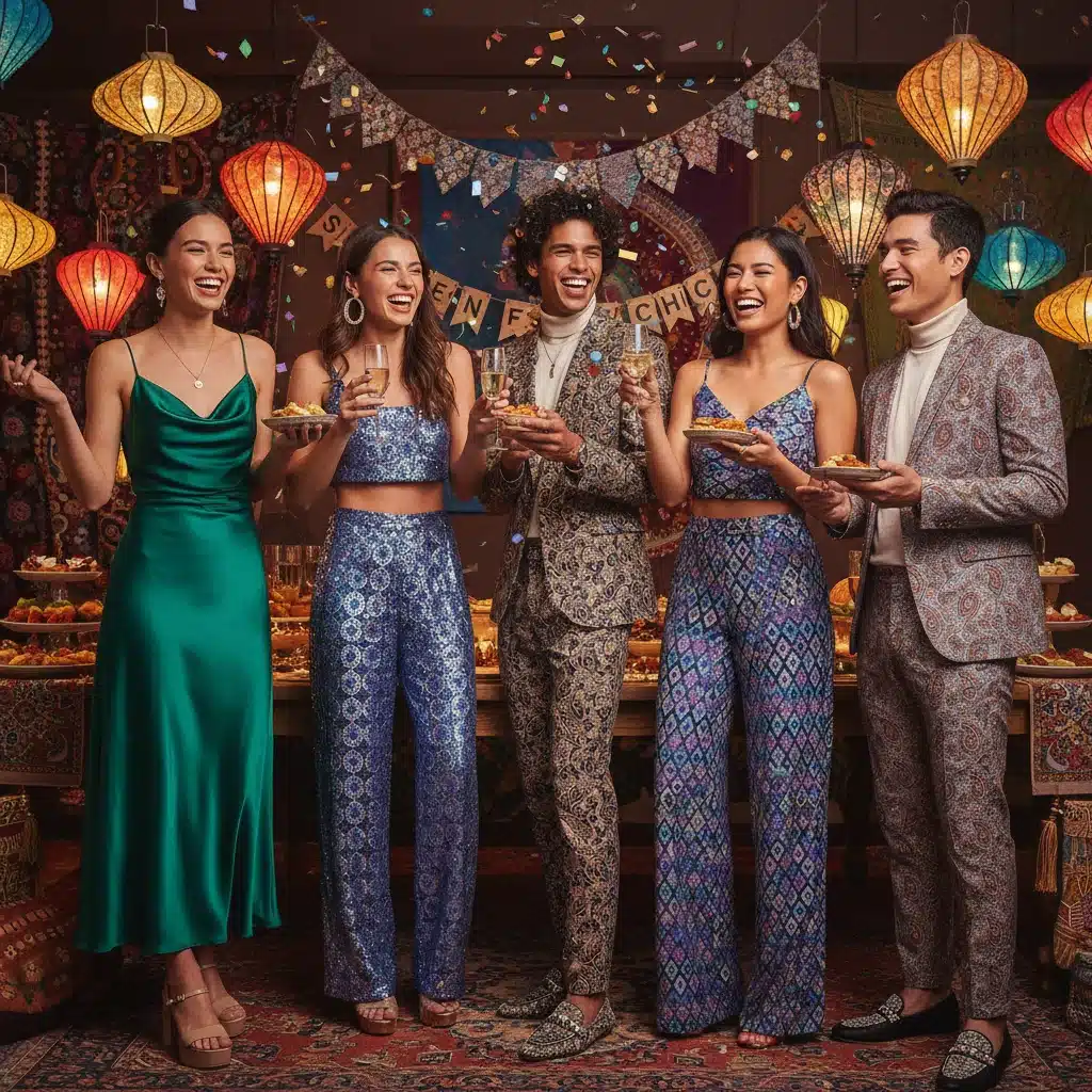 Grupo de amigos celebrando con looks festivos de Shein, mostrando diversidad y alegría.