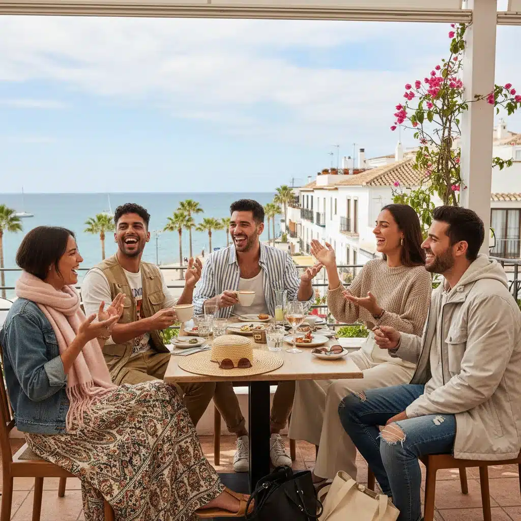 Grupo de amigos con looks de capas SHEIN en terraza española