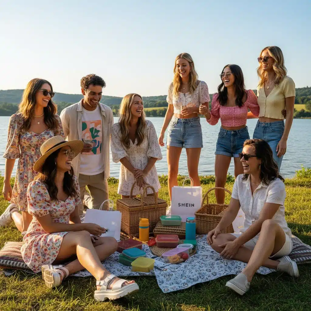 Grupo de jóvenes disfrutando de una actividad veraniega, vestidos con ropa de moda y económica, celebrando el estilo accesible y la diversión.