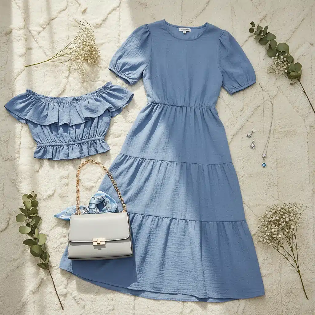 Variedad de prendas y accesorios SHEIN en tono Azul Serenidad, mostrando elegancia y versatilidad.