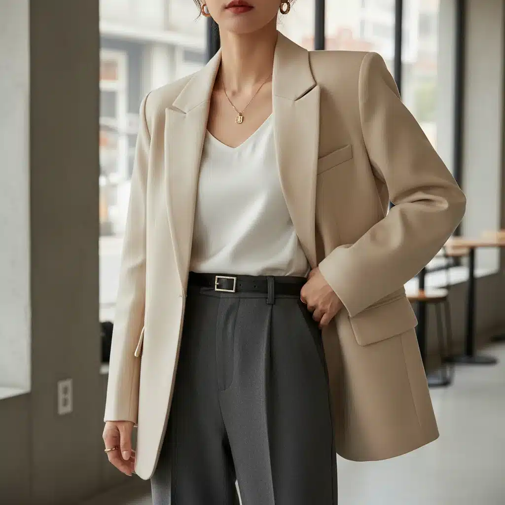 Modelo luciendo un blazer oversize elegante y moderno de Shein, combinando comodidad y sofisticación.