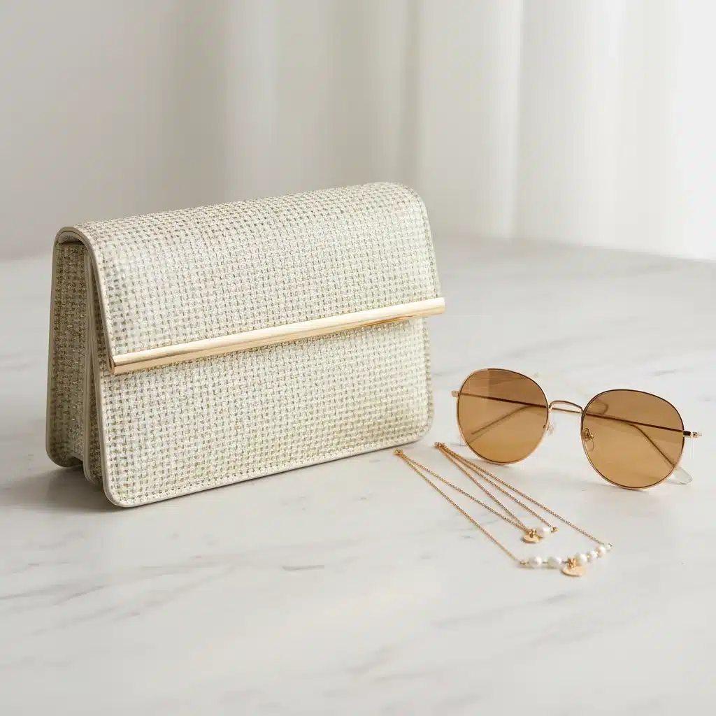 Bolso elegante y minimalista de SHEIN con gafas de sol y collares finos sobre una superficie de mármol.
