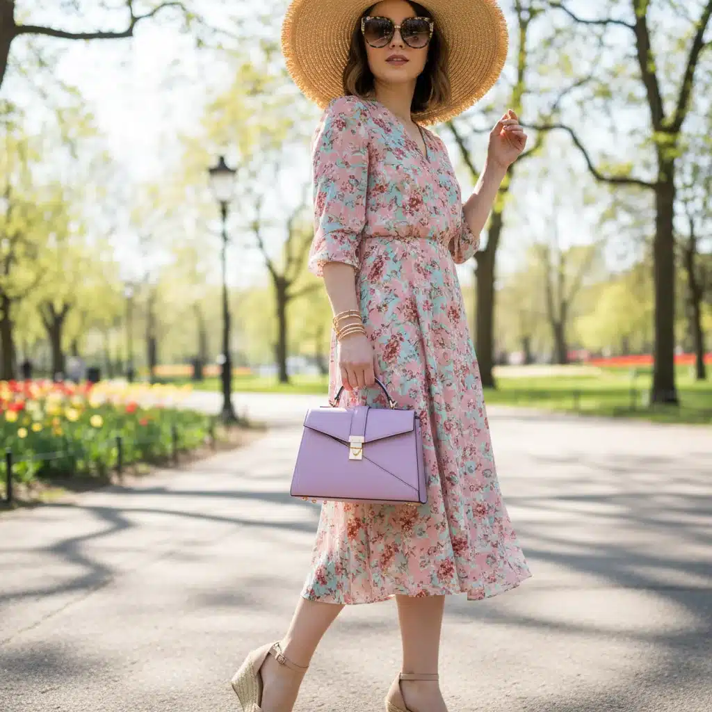 Mujer con mini bolso estructurado, sombrero de paja y gafas de sol de SHEIN, look primaveral.