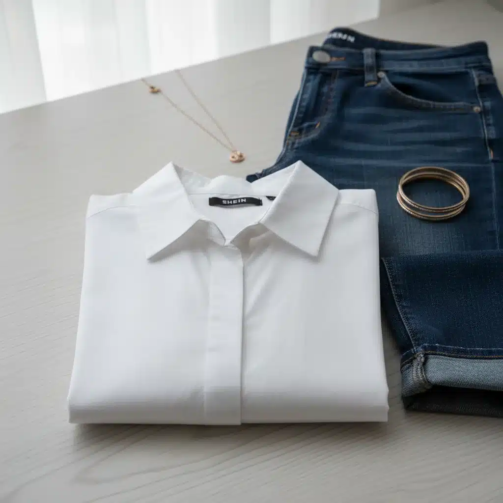 Camisa blanca oversize de SHEIN y jeans oscuros, básicos versátiles para cualquier look.