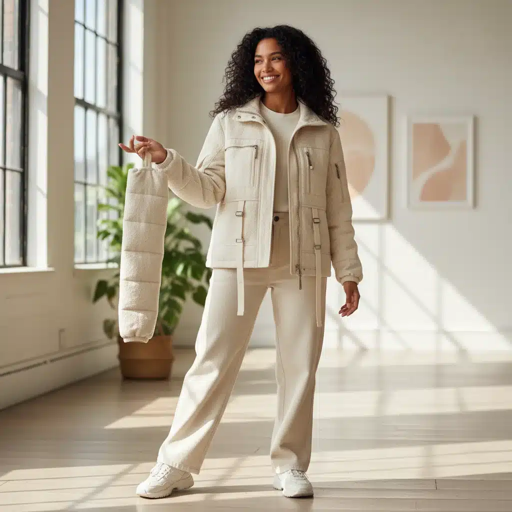 Mujer usando chaqueta modular sostenible con mangas desmontables
