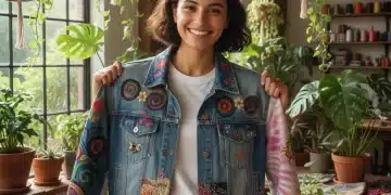 Mujer joven mostrando una chaqueta vaquera de SHEIN reutilizada con bordados y parches.