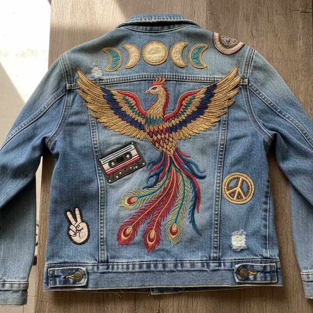 Detalle de una chaqueta vaquera SHEIN con bordados únicos, resaltando su estilo y calidad.