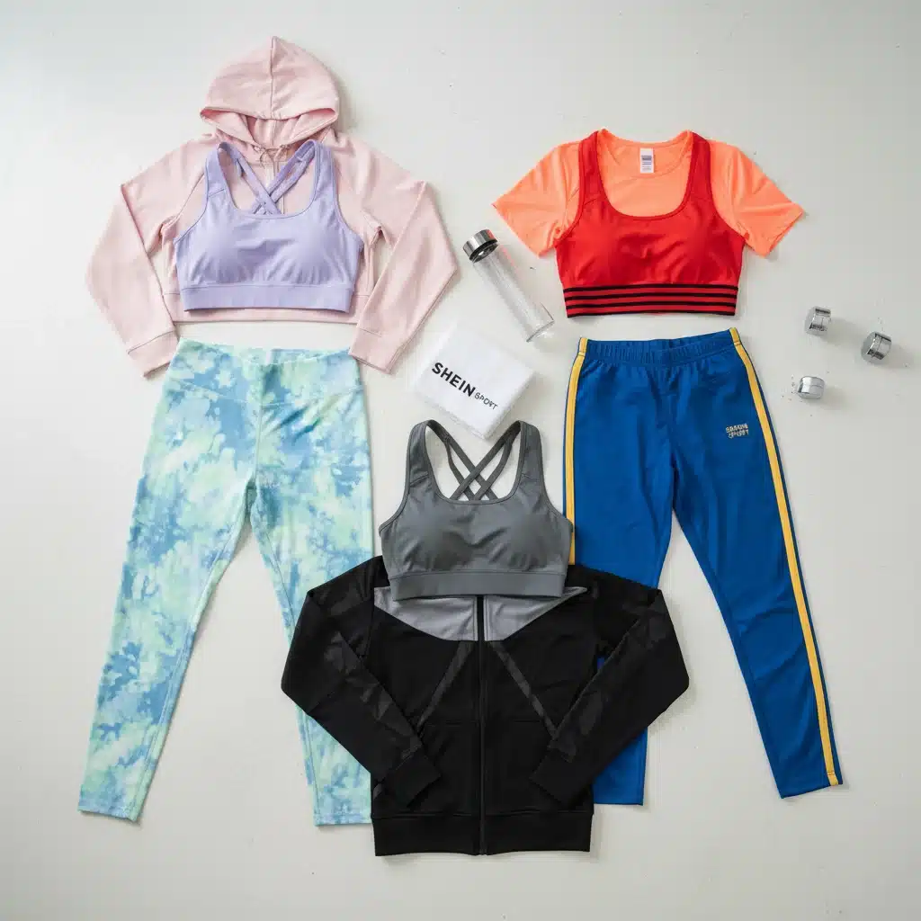 Variedad de conjuntos deportivos SHEIN Sport en diferentes estilos y colores, dispuestos sobre una superficie.