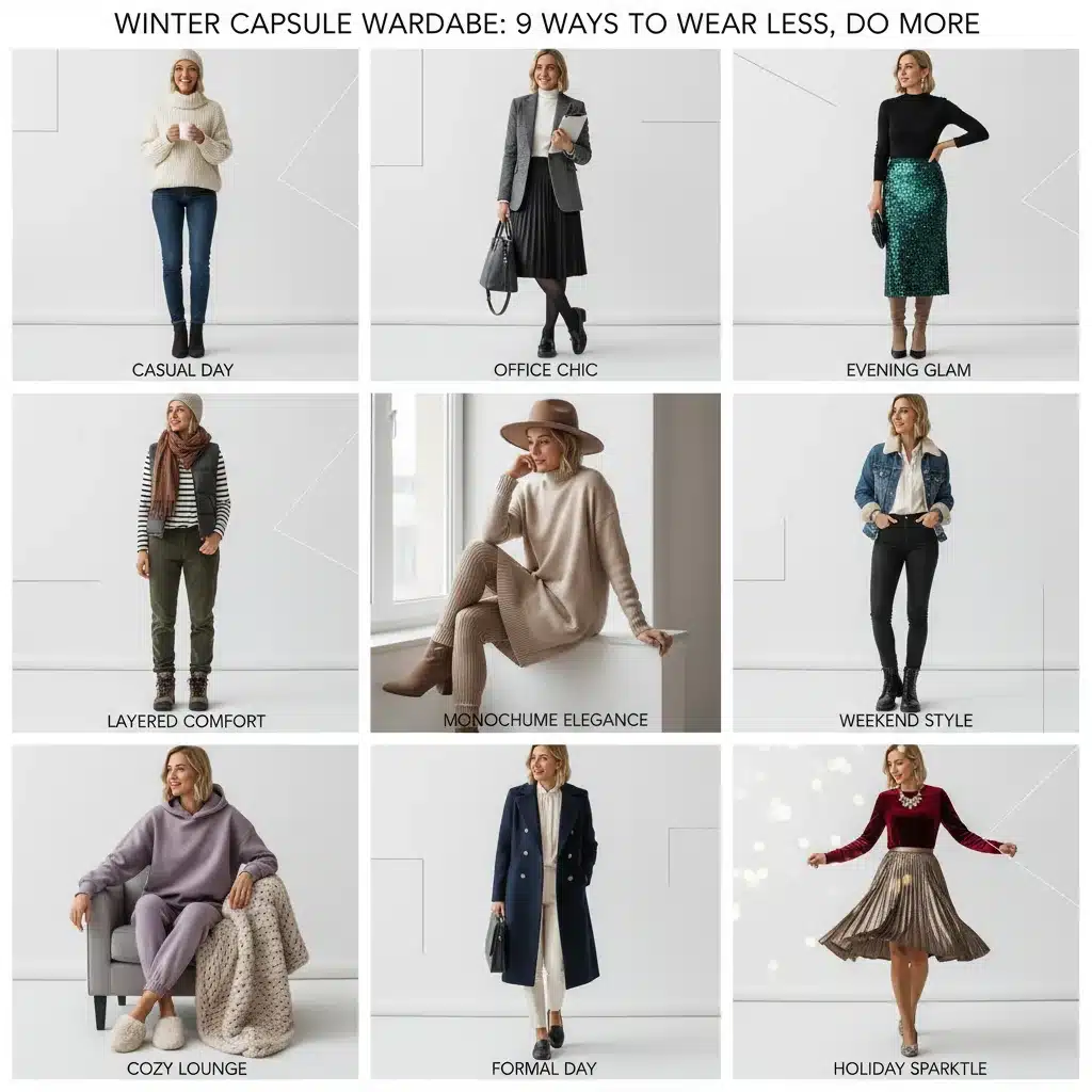 Collage de diferentes looks de invierno creados a partir de prendas versátiles, mostrando creatividad y adaptabilidad en el estilismo.