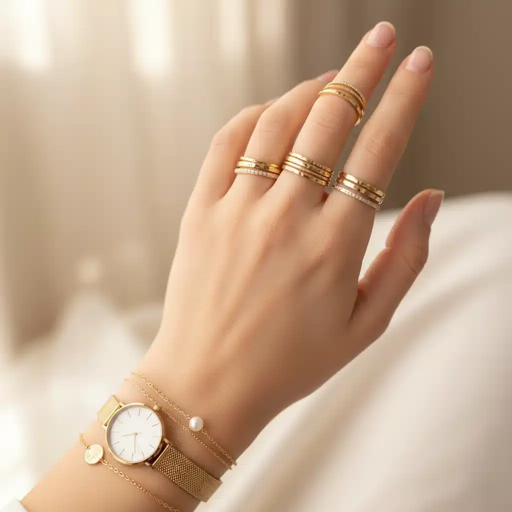 Mano detallando la combinación de anillos y pulseras delicadas, demostrando el arte de la superposición de joyas.