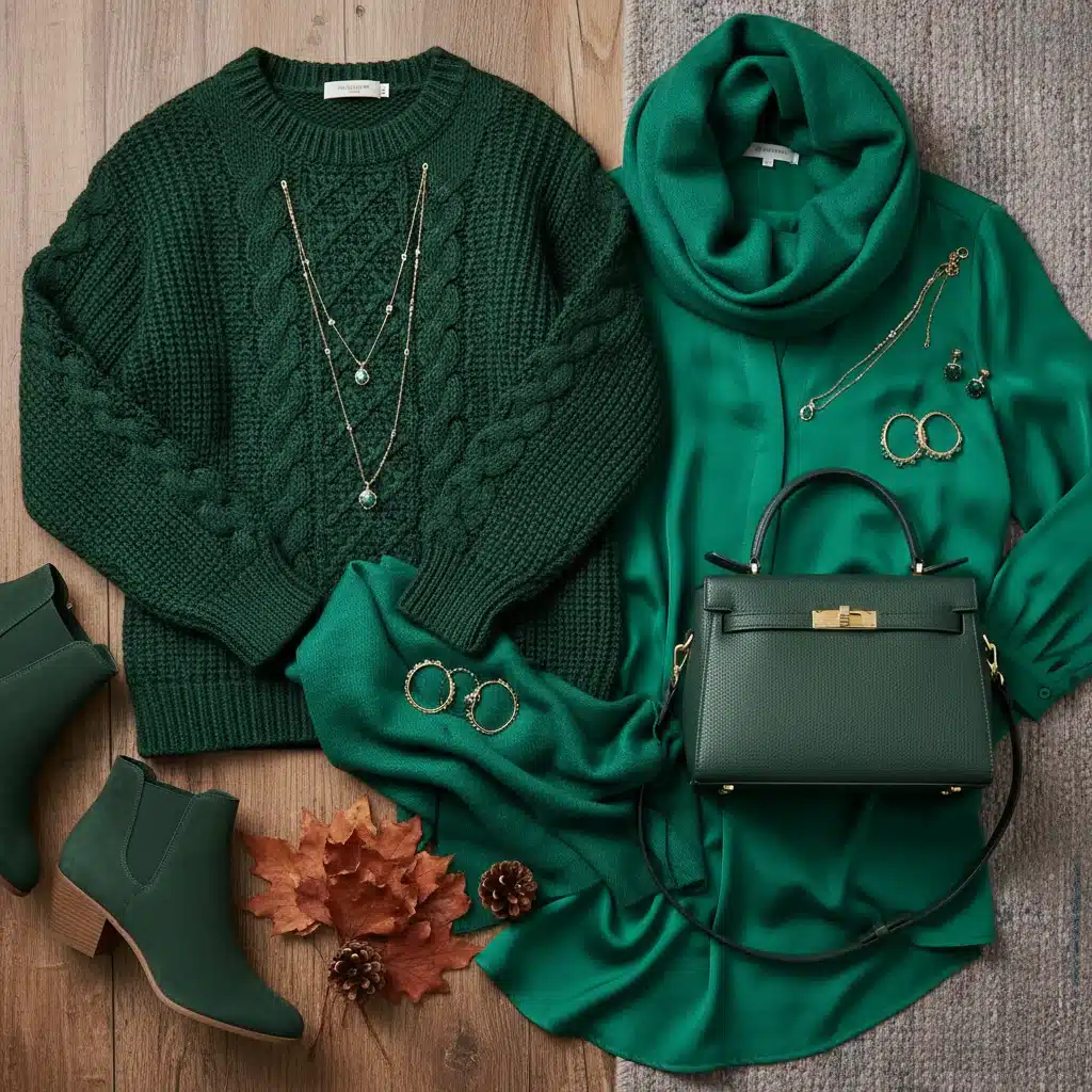 Composición de prendas y accesorios en verde esmeralda y verde bosque, mostrando cómo combinar colores de moda de SHEIN.