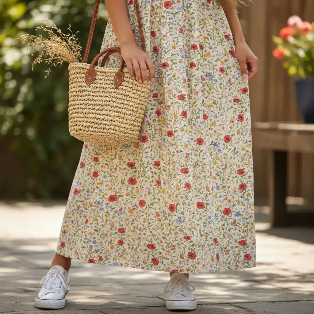 Mujer combinando un vestido floral de SHEIN con accesorios neutros para un look fresco.