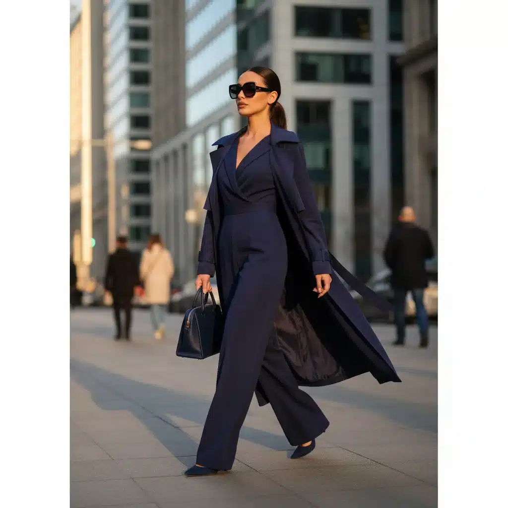 Mujer caminando con conjunto monocromático azul marino de SHEIN y gabardina