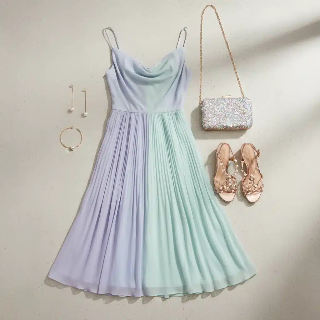 Conjunto de invitada de boda Shein 2026: vestido midi pastel, tacones y clutch.