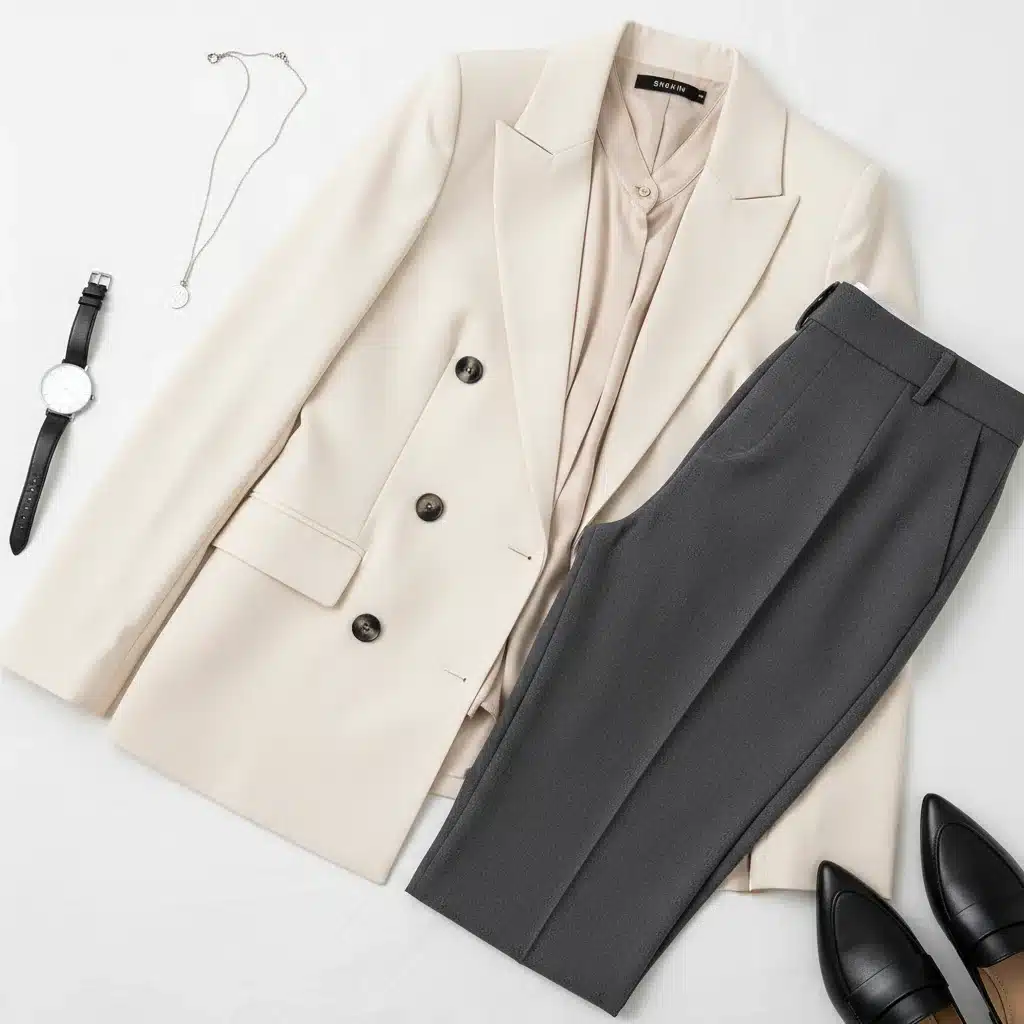 Detalle de conjunto de oficina Shein: blazer, blusa de seda y pantalón, con accesorios elegantes.