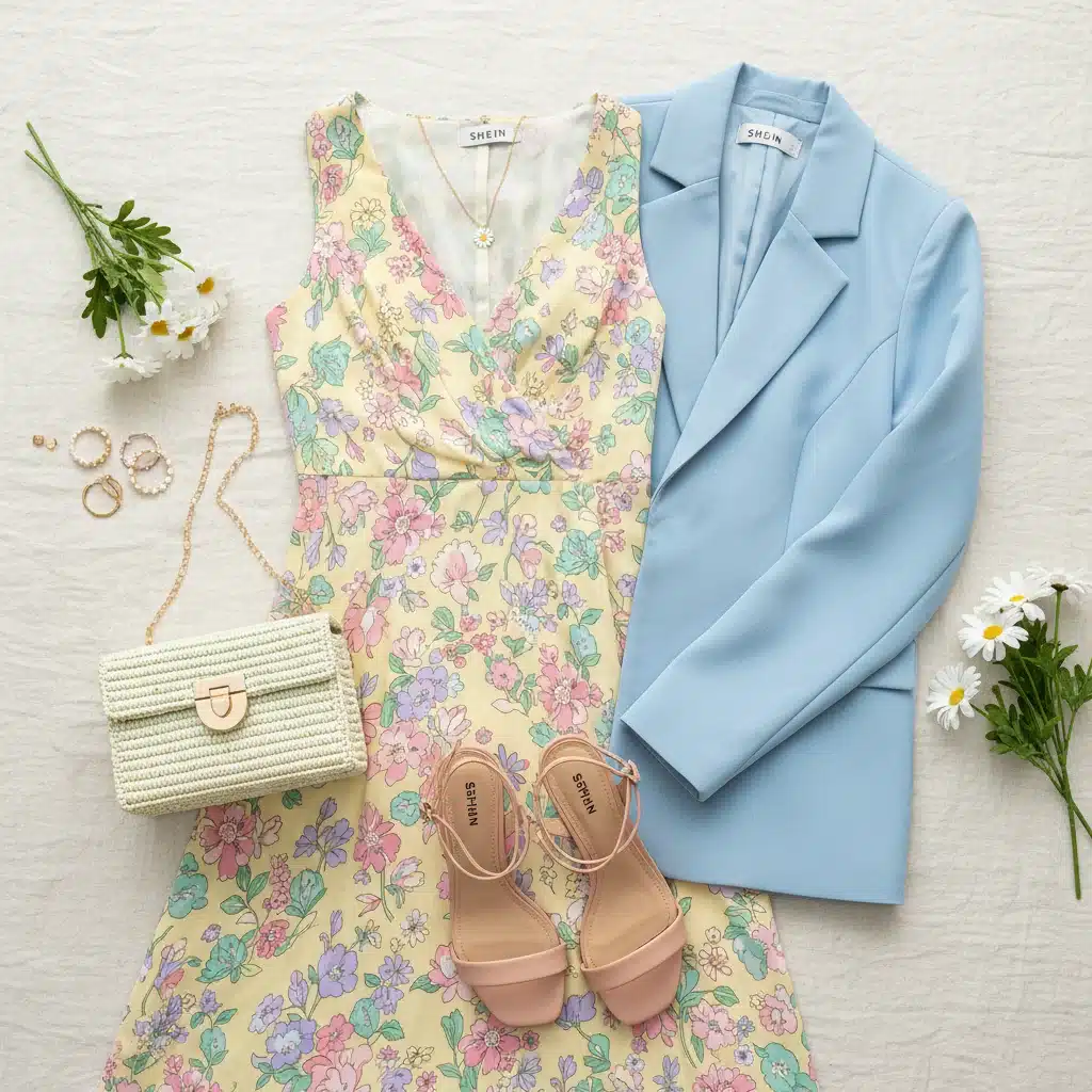Conjunto de prendas Shein para un evento de día, con vestido floral, blazer y accesorios en tonos pastel.