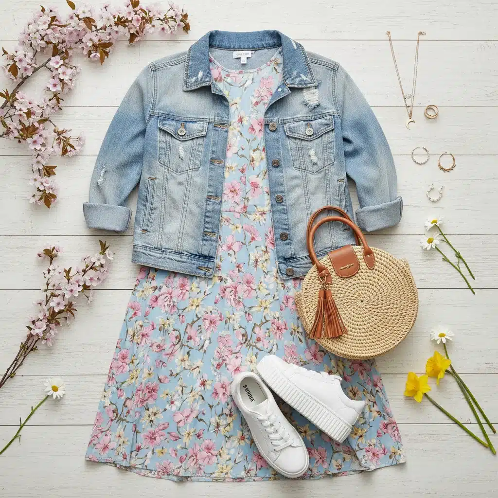 Conjunto Shein de entretiempo con vestido floral, chaqueta vaquera y accesorios primaverales.