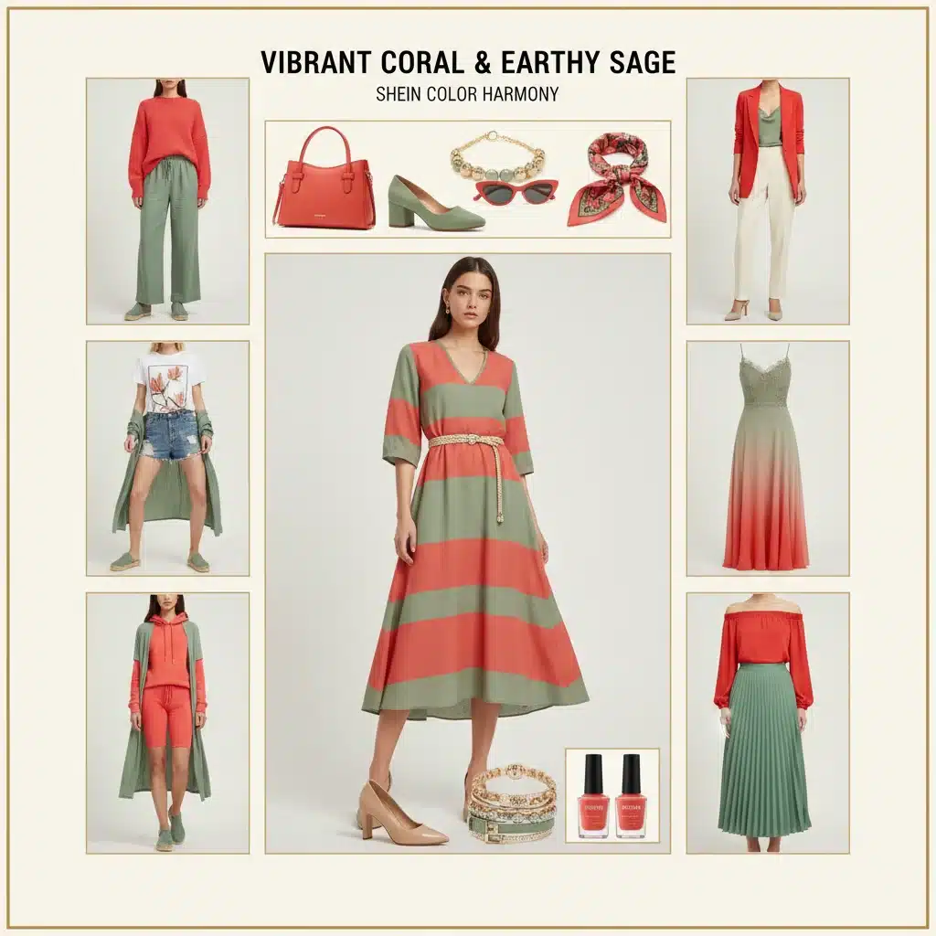 Collage de looks con Coral Vibrante y Salvia Terrosa de SHEIN, inspirando combinaciones modernas y chic.
