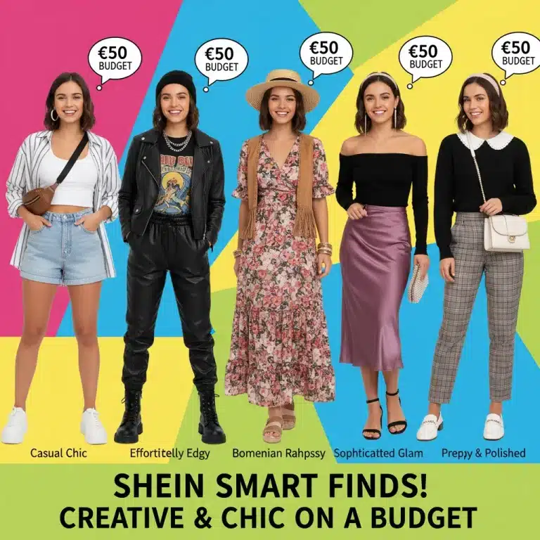 Mujer joven mostrando cinco looks de Shein por menos de 50 euros, con estilo y confianza.