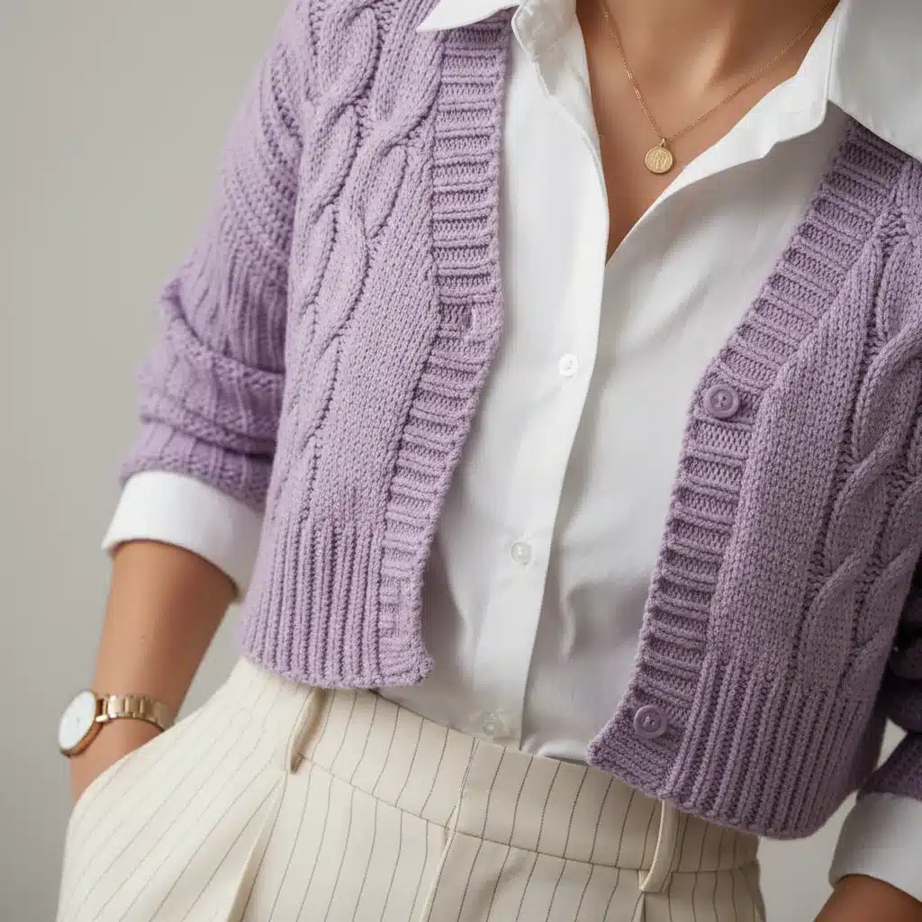 Detalle de look Shein de entretiempo con cárdigan de punto, camisa blanca y accesorios elegantes.