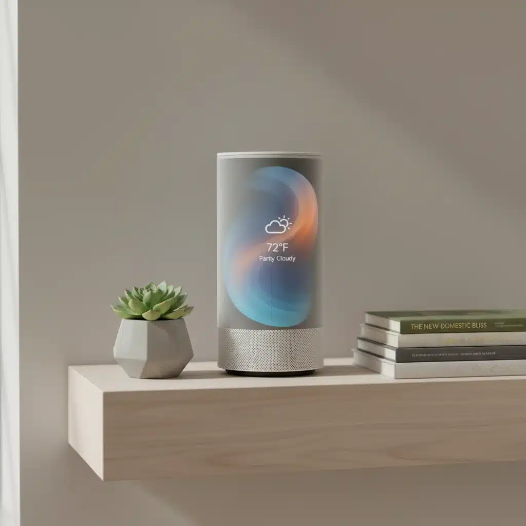 Dispositivo inteligente SHEIN Home 2026 en estantería minimalista, decoración moderna.