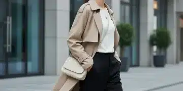 Mujer con estilo minimalista SHEIN, abrigo beige y accesorios discretos en entorno urbano.
