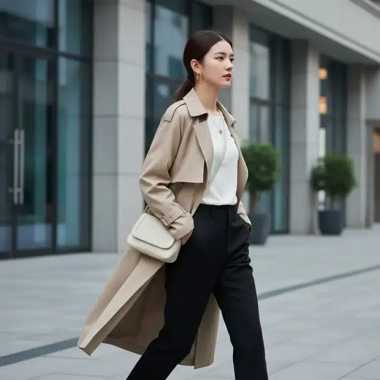 Mujer con estilo minimalista SHEIN, abrigo beige y accesorios discretos en entorno urbano.