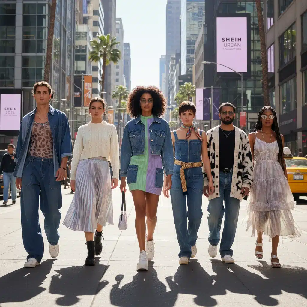 Jóvenes luciendo moda SHEIN 2026 con diversos tejidos en un entorno urbano, reflejando tendencias actuales.