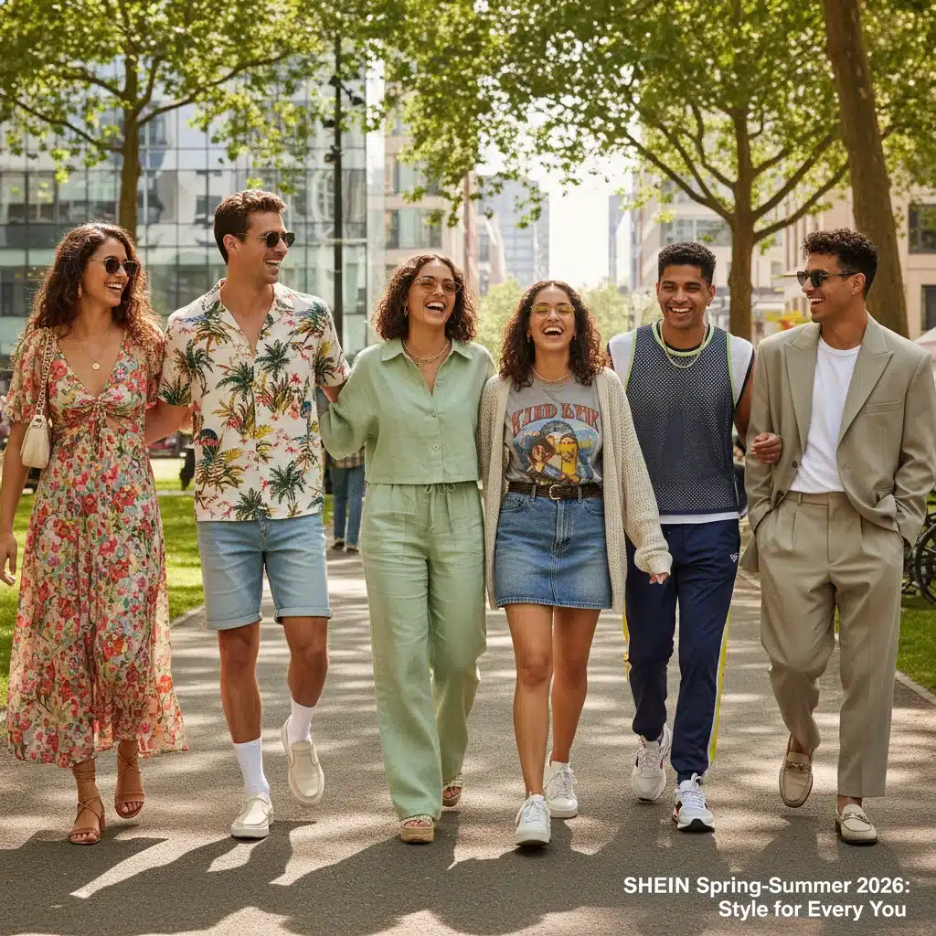 Grupo de amigos con looks diversos de SHEIN primavera-verano 2026 disfrutando de un día soleado en la ciudad.