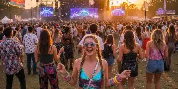Jóvenes disfrutando de un festival de música con looks vibrantes y modernos de SHEIN.
