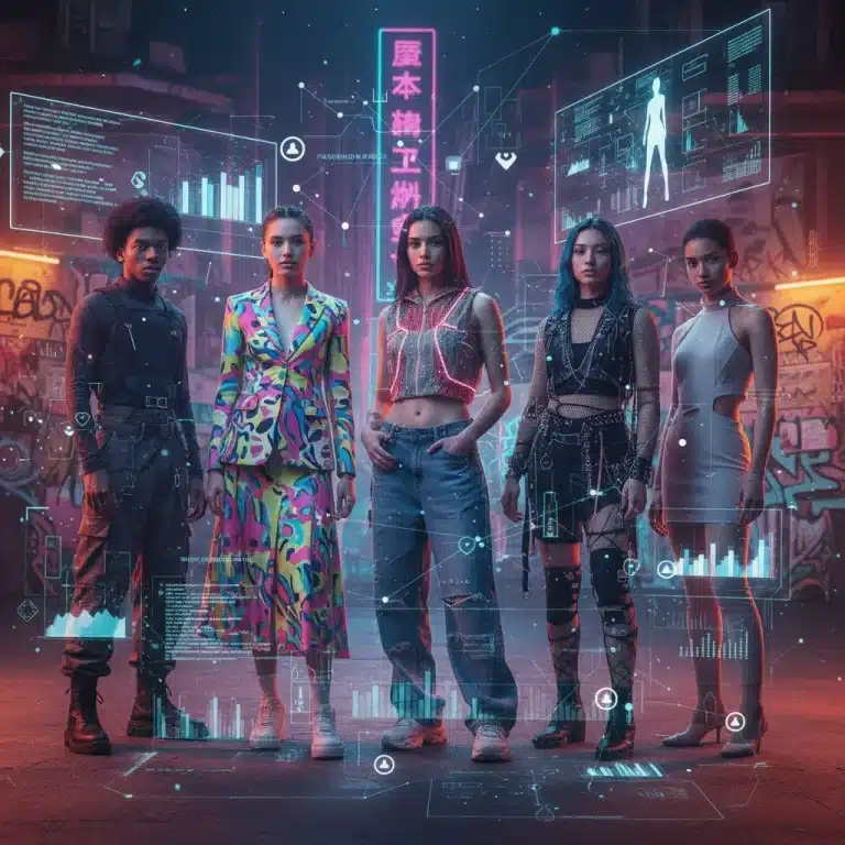 Jóvenes de la Generación Z con estilos de moda diversos y vibrantes, representando las tendencias futuras.