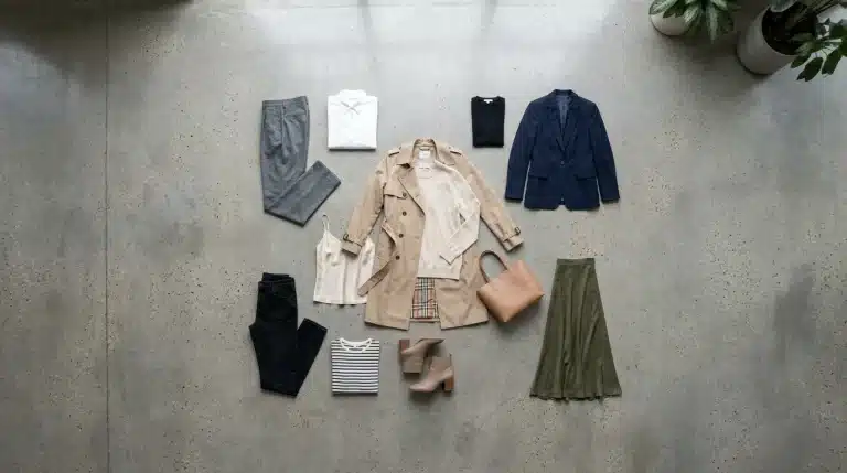 Aerial view of a capsule wardrobe on a concrete floor, featuring a trench coat, cashmere sweater, and silk camisole arranged in a fluid pattern, symbolizing trans-seasonal fashion and adaptable style.