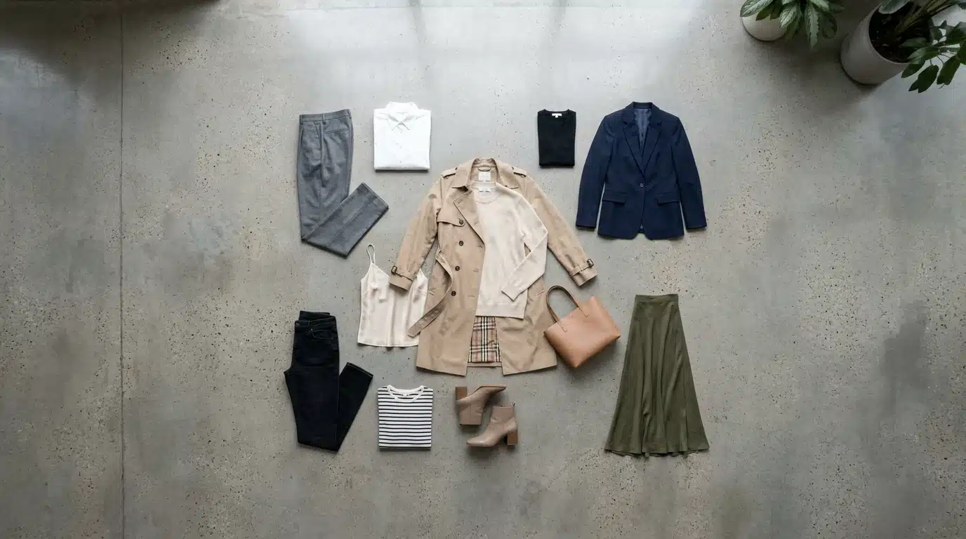 Aerial view of a capsule wardrobe on a concrete floor, featuring a trench coat, cashmere sweater, and silk camisole arranged in a fluid pattern, symbolizing trans-seasonal fashion and adaptable style.