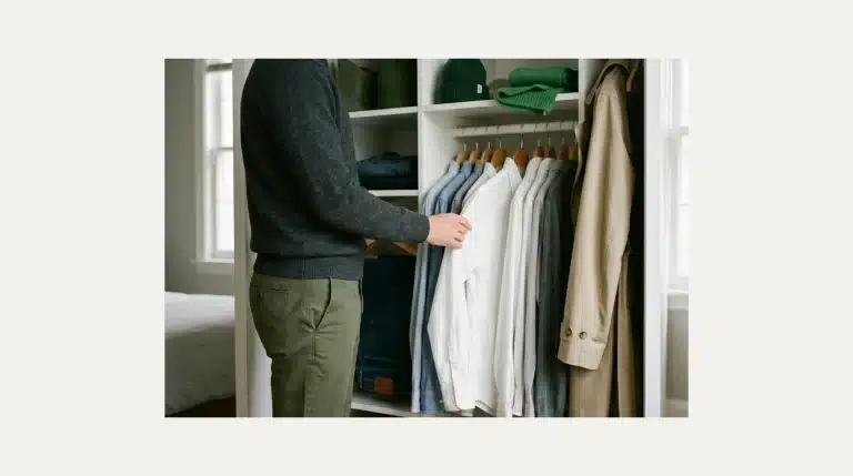 A person auditing their wardrobe, examining a white shirt in an organized closet filled with foundational garments and a few vibrant green accessories, representing personal style assessment.