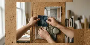 Close-up of hands arranging a mood board with fabric swatches and architectural images, lit by high-contrast window light.