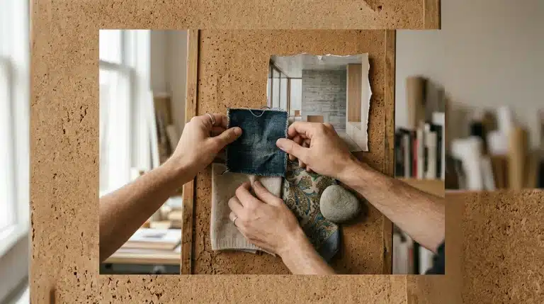 Close-up of hands arranging a mood board with fabric swatches and architectural images, lit by high-contrast window light.