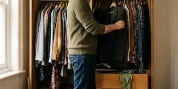 A person contemplating their diverse wardrobe, showcasing various clothing textures and patterns in warm, natural light, symbolizing outfit inspiration and personal style development.
