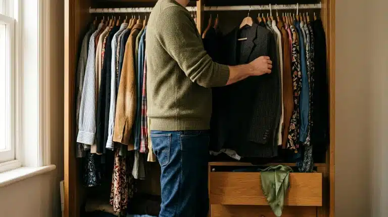 A person contemplating their diverse wardrobe, showcasing various clothing textures and patterns in warm, natural light, symbolizing outfit inspiration and personal style development.