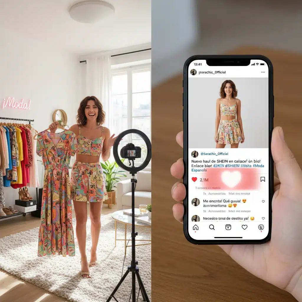 Influencer española mostrando prendas SHEIN y alta interacción en redes sociales