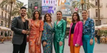 Influencers de moda española colaborando con SHEIN en un entorno urbano vibrante.